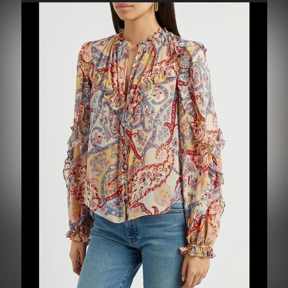 Veronica Beard Andri Paisley Print Silk Chiffon Ruffle Sleeve Sheer Blouse 2 - Picture 4 of 12